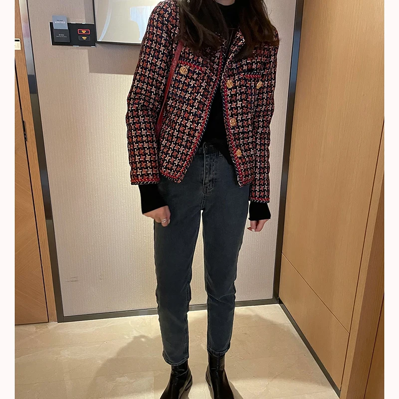 Elegant Weave Plaid Women Blazer Pocket Plus Velvet Winter Causal Tweed Coat Office Ladies Suit Jacket