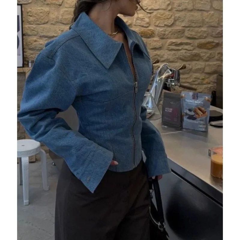 2026 Spring Autumn New Zipper Denim Coat Women Waist-Adjusting Slim-Fitting Polo Collar Long Sleeve Top Solid Women Clothing