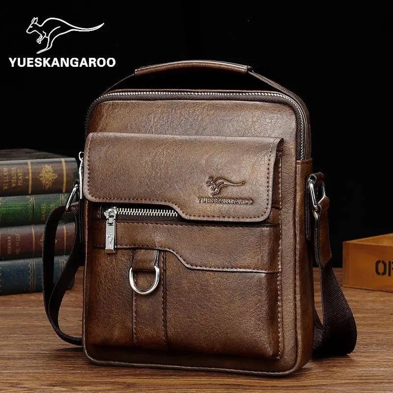 Fashionable Casual Men's Shoulder Bag Kangaroo Male Bag Crossbody Bag Street Trend Business Pure Color PU Leather Handbag