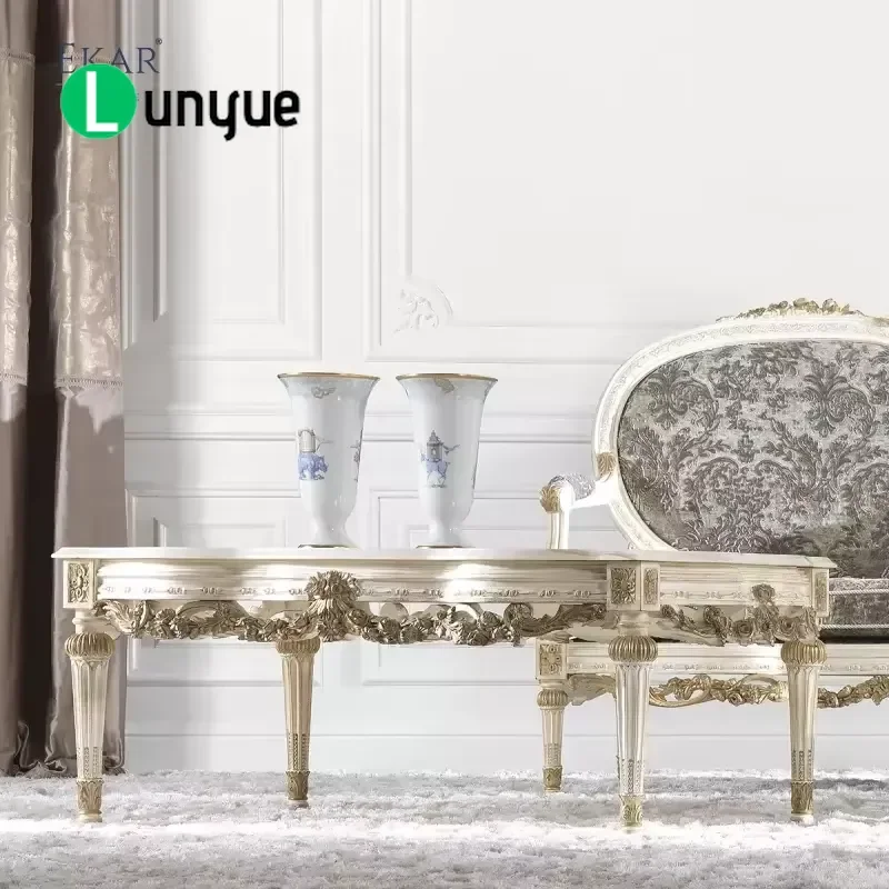 Italian Style Living Room Coffee Table Marble Top Ornate Carved Frame Elegant Interior Design Luxury Home Furniture