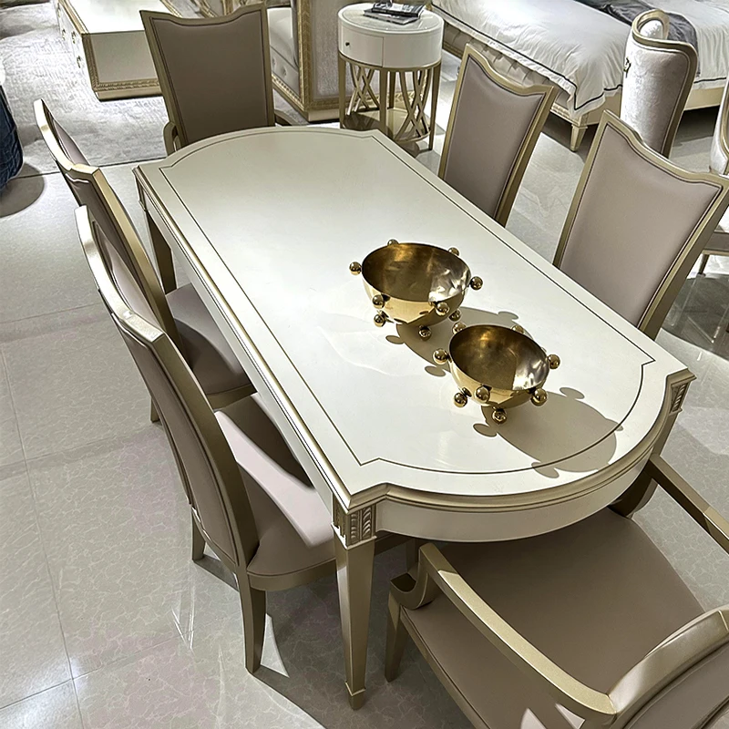 Luxury French cream white solid wood dining table with hand-carved floral pattern top