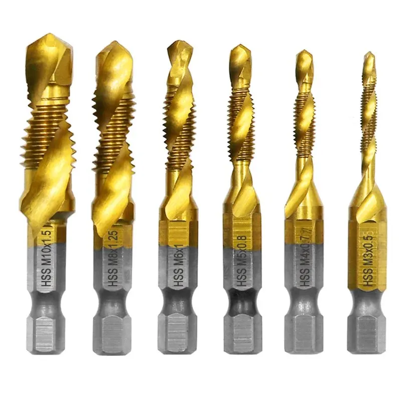 6pcs 1/4 High-speed Steel Titanium Plated Composite Tap Drill and Tap Integrated Machine Tap Open and Chamfer Tool Set