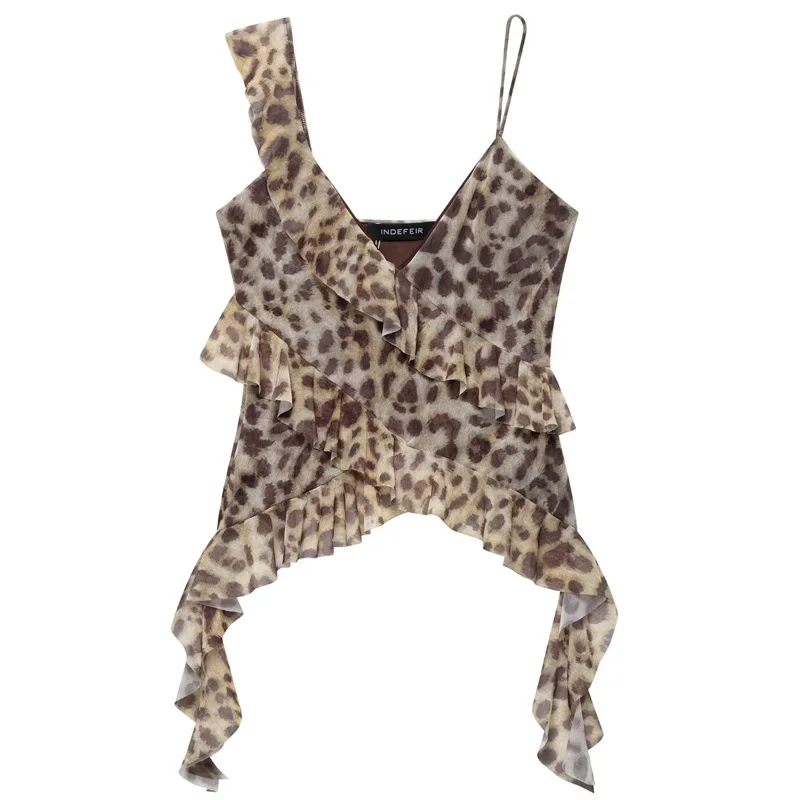 

Leopard Mesh Top Women Tanks & Camis Summer 2025 Sexy Layered Sleeveless Tops For Woman Ruffled Backless Tulle Camisole 066