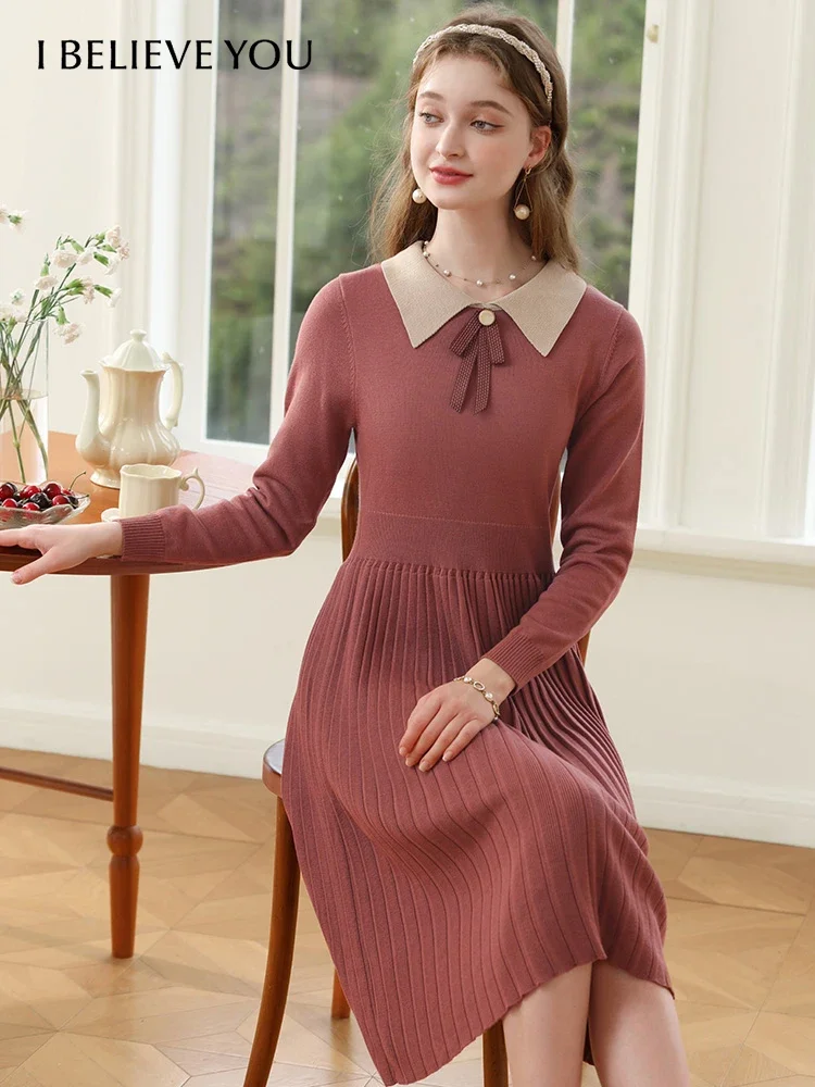 

I BELIEVE YOU A-Line Sweater Dresses for Women 2023 Winter New Pleated Knit Midi Bow Waist Dress Gentle Fairycore 2224134814