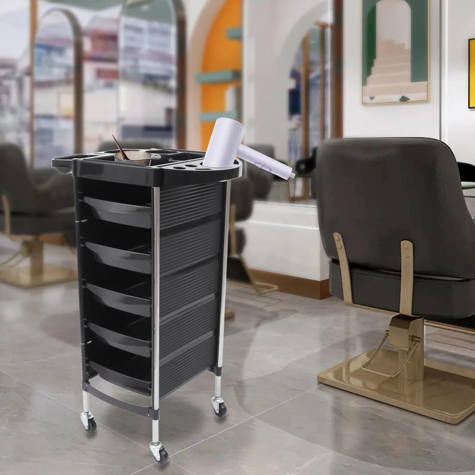 6-Layer Salon Trolley with 5 Pull-Out Trays 360° Swivel Wheels and Stainless Steel Frame for Hairdressing Tools Storage