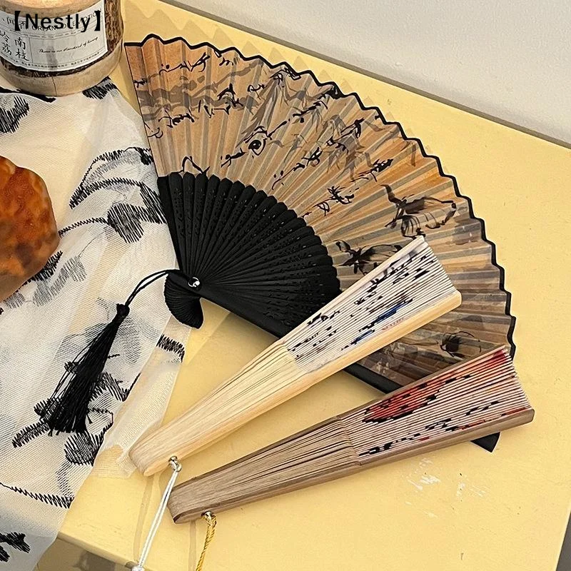 New Silk Chinese Japanese Folding Fan Bamboo Colorful Shank Classical Dance Fan Tassel Elegent Female Fan Home Decoration〔Nest〕