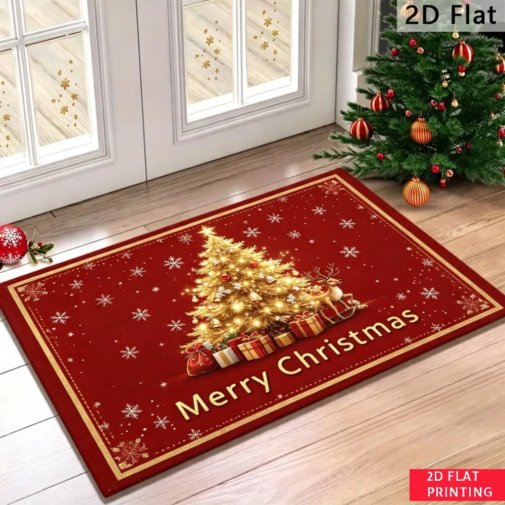 Santa Sleigh Christmas Door Mat Red Background Reindeer Gift Snowflake Print Non Slip Indoor Outdoor Rug For Festive Holiday