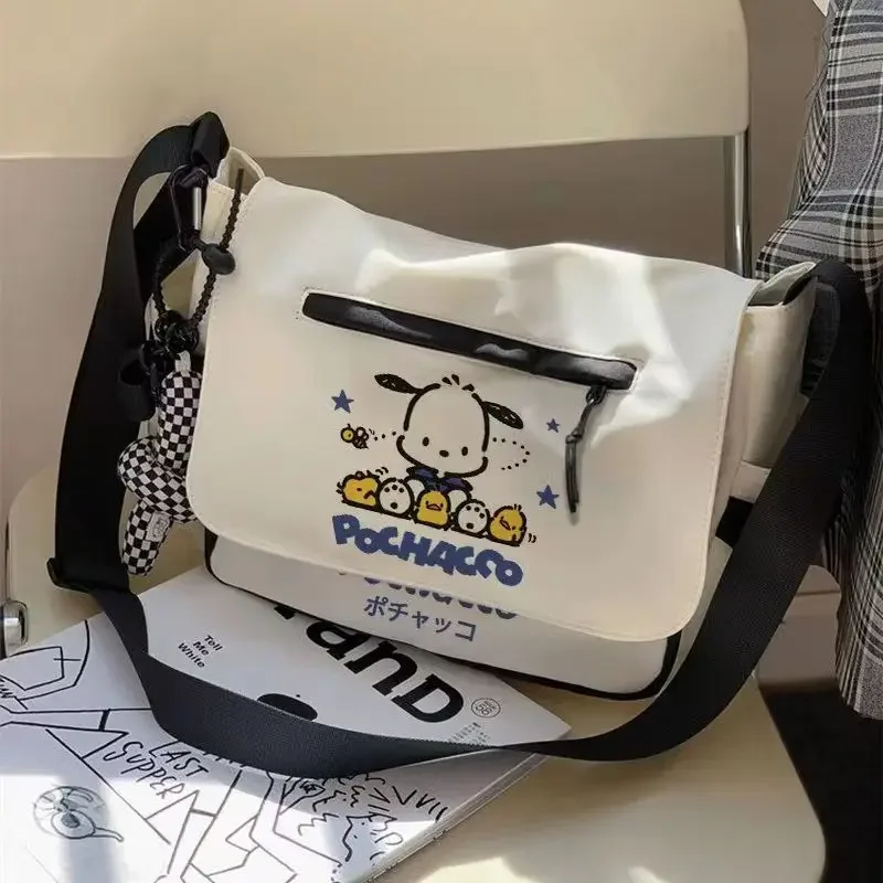 Anime Sanrio Pochacco Kawaii Dog Shoulder Bag Black White Messenger Cartoon With Front Zipper Badges Crossbody birthday gifts