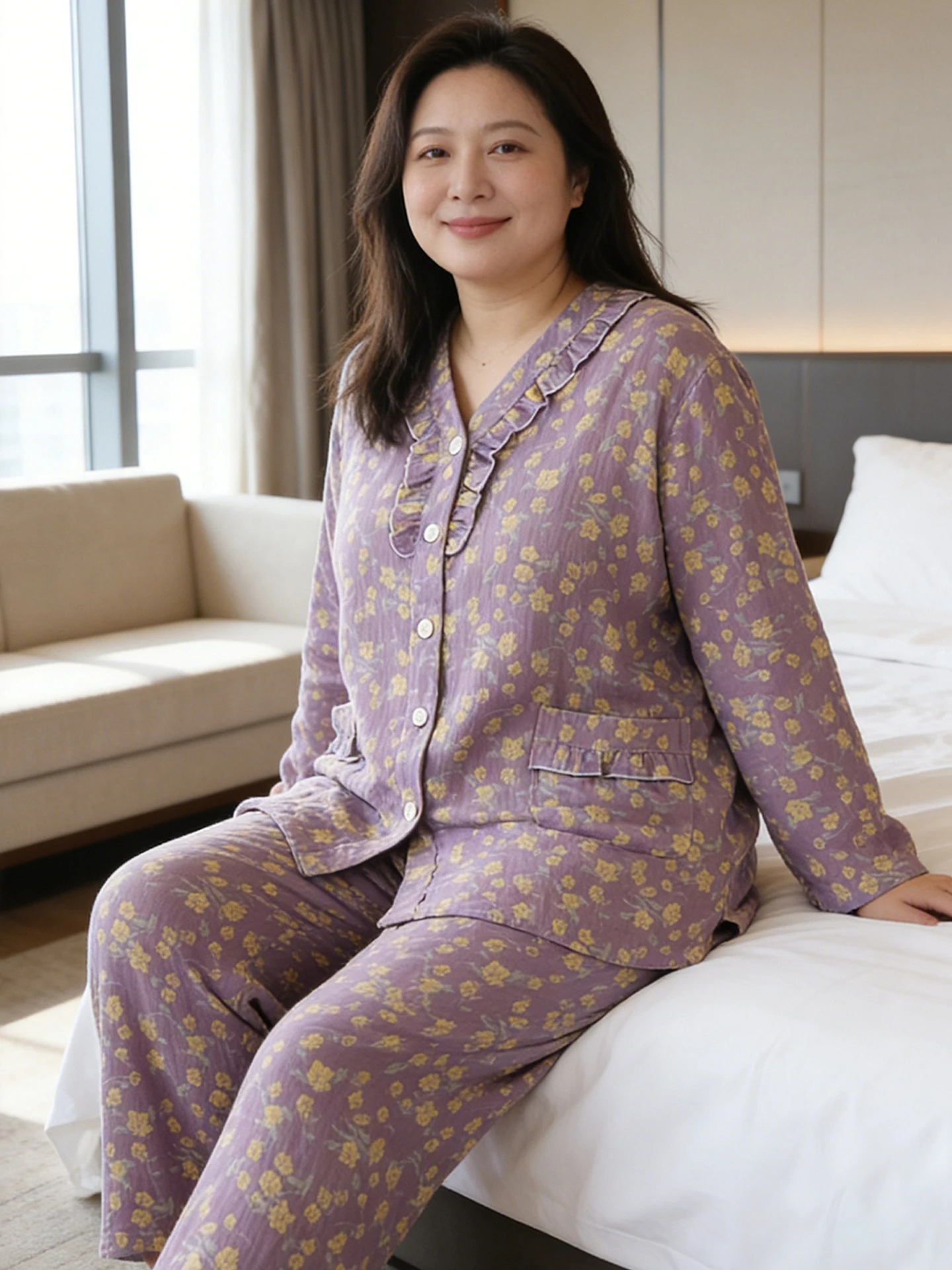 plus-size-pure-cotton-sleepwear-casual-loose-fit-home-clothes-women's-long-sleeve-v-neck-double-layered-comfortable-pajamas