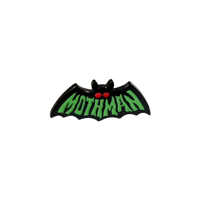 1pc Mothman Cryptid Enamel Pin, Black Bat Shaped Brooch with Green Text, Urban Legend Creature Lapel Pin for Fans & Gothic Style