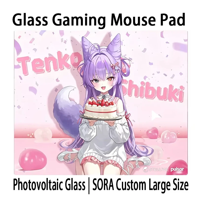 P-Pulsar Glass Mouse Pad Japanese Anime Cute Tenko Shibuki Desk Glass Mat Micro-etched FPS E-sports Glass Mousepad Customizable
