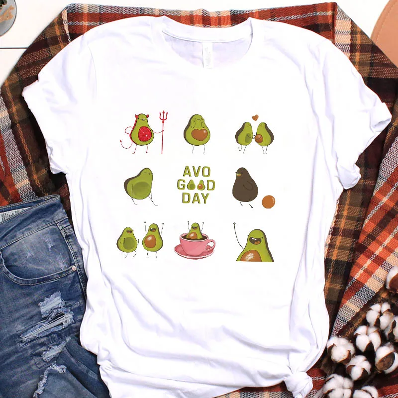 Women Avocado Cat Smile Sweet Print Fruit Cartoon Ladies Graphic Top Tshirt Pretty T Tee Nice Womens Shirt Clothing T-shirt