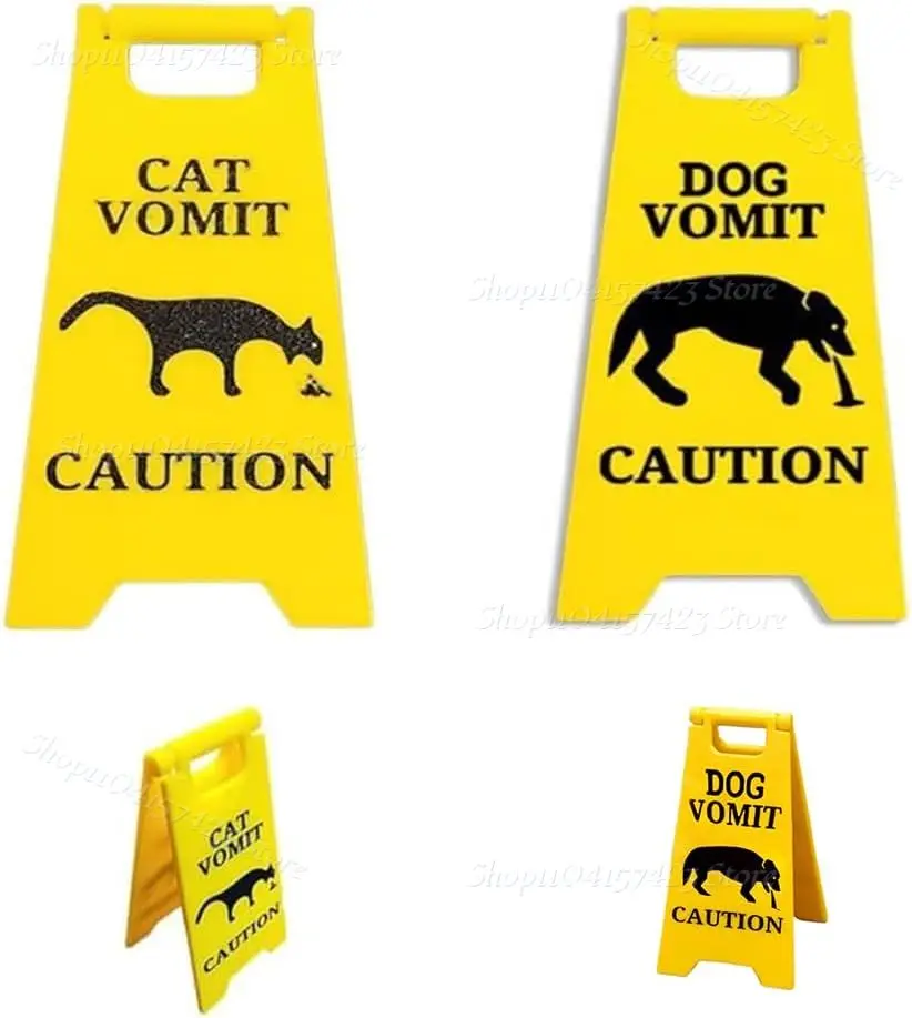 New Fashion Cat Vomit Sign,Dogs Vomit Sign, Bright Yellow Cat Warning Sign Funny Desk Decoration For Pet Lovers Best Gifts