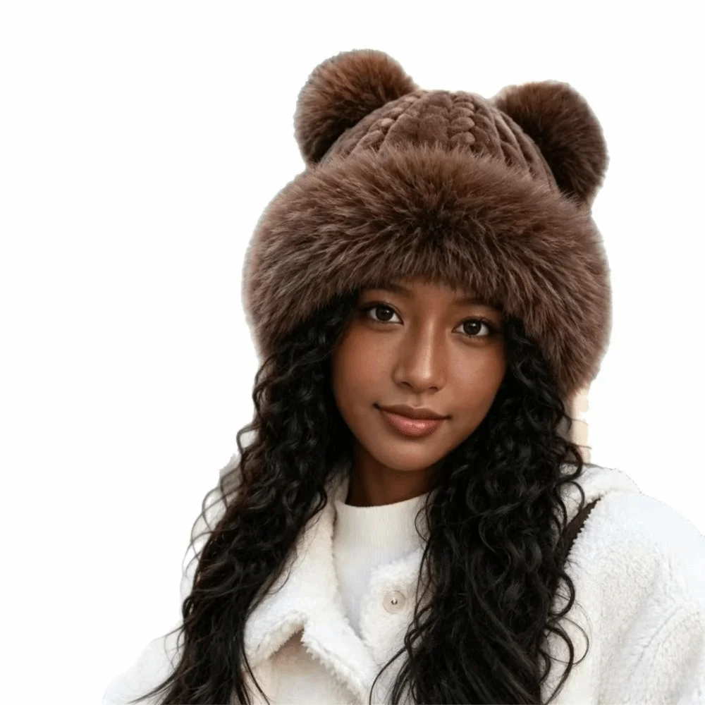 Polyester Cable Knitted Hat Fur Trim Face Slimming Fluffy Mongolian Hat Cold Proof 58cm Head Circumference Winter Trapper Hat