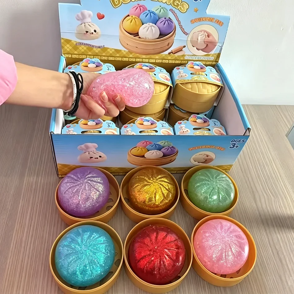 New Realistic Giant Dumpling Squeeze Toy with Bamboo Steamer Soft TPR Dough Ball Decompression Fidget Toy Creative Funny Gifts