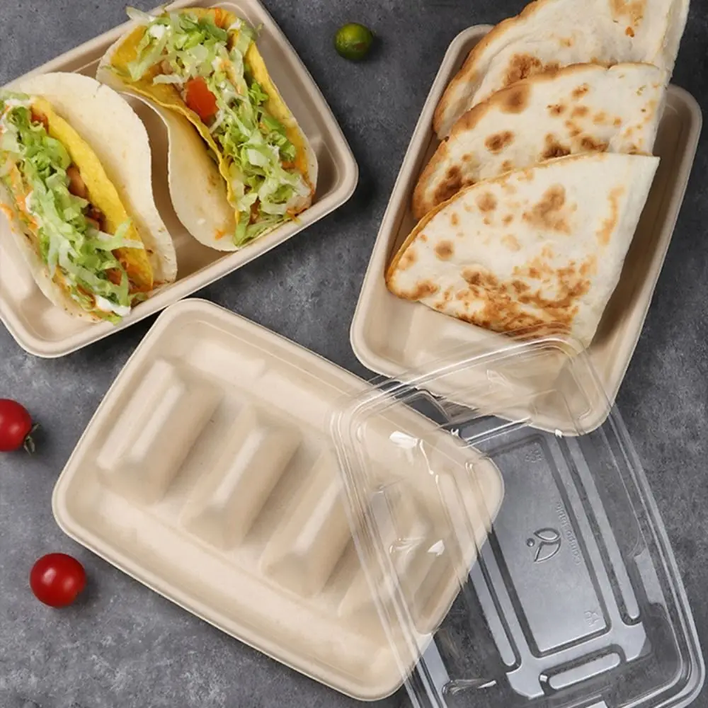 50Pcs 3 Compartments Disposable Taco Plates Biodegradable with Lid Taco Holder Pulp Stackable Taco Serving Tray Takeout