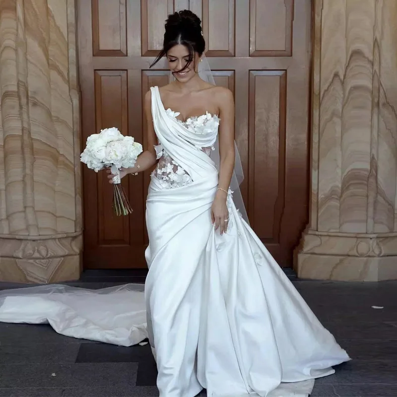 로맨틱 화이트 인어 v 넥 스윕 기차 새틴 현대 웨딩 드레스 2025 우아한 vestido de noiva brautkleider robe de mariée