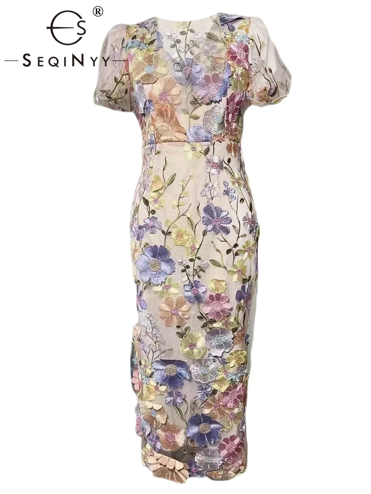 

SEQINYY Elegant Slim Dress Summer Spring New Fashion Design Women Runway V-Neck Embroidery Flower Mesh High Street Party