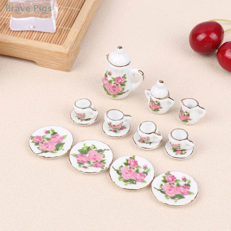 1Set 1:12 Dollhouse Miniature Porcelain Ceramic Tea Cup Set Tableware Kitchen Dollhouse Teapot DIY Toys