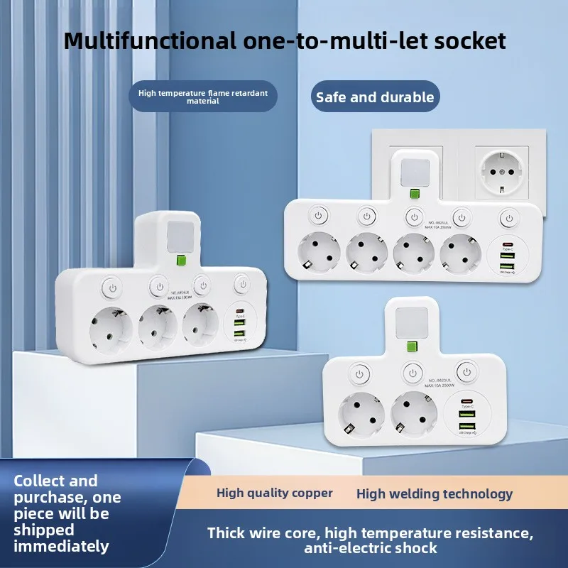 

European Standard Multifunctional Usb+Type-C With Night Lamp Socket Black And White Household Anti Electricity Multi Hole Socket