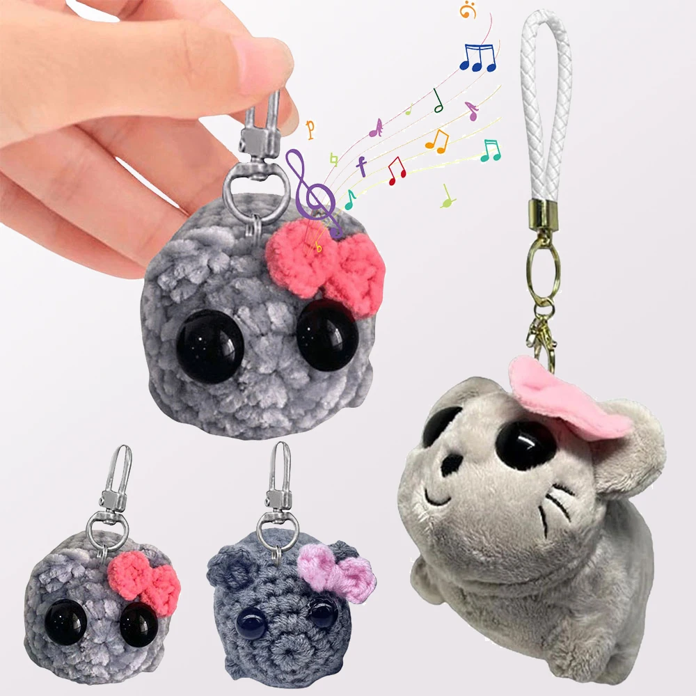 Cute Knitted Sad Hamster Doll Handmade Kawaii Hamster Handmade Musical Keychain Doll Funny Pendant Keyring Jewelry for Kids Gift