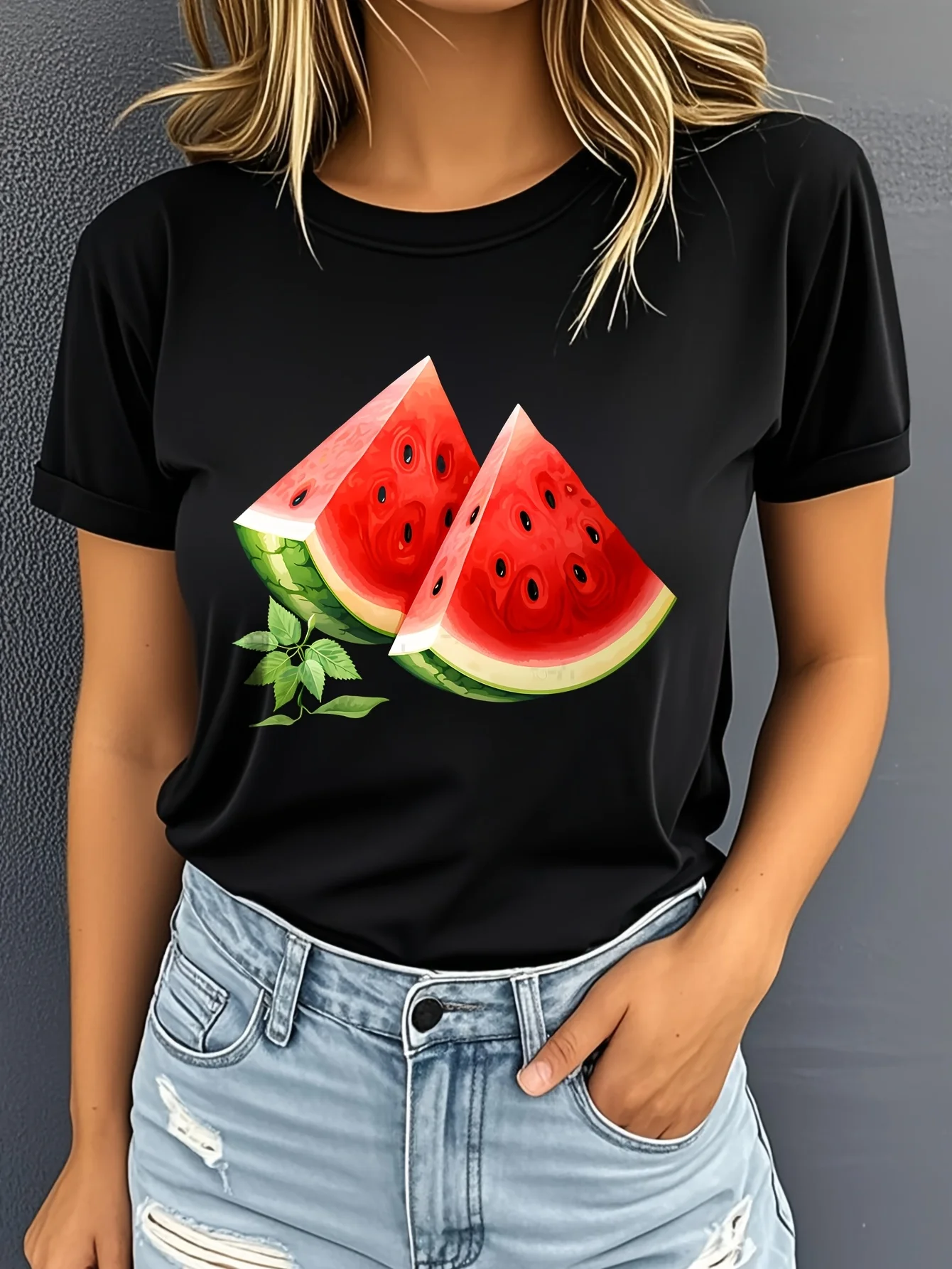 Camiseta sencilla de verano para mujecamiseta negra con desig de rebanada de sandía con graphfico ريترو cuello redondomanga corta