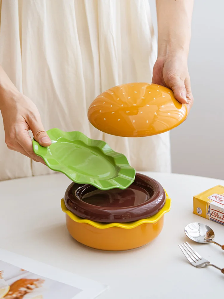 Creative hamburger ceramic bowl plate 5-piece set, cute cartoon tableware home baking