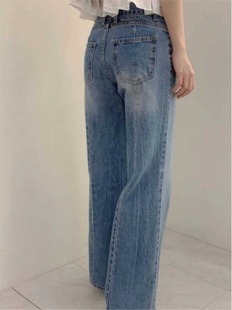 Jeans plissado de cintura alta feminino, calças largas femininas, calças longas soltas, estilo coreano, moda retrô, outono