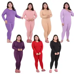 Winter Thermal Underwear Set For Women Plus Size Fleece-Lined Underwear Long Johns Solid Color Ladies Intimate Female Pajamas