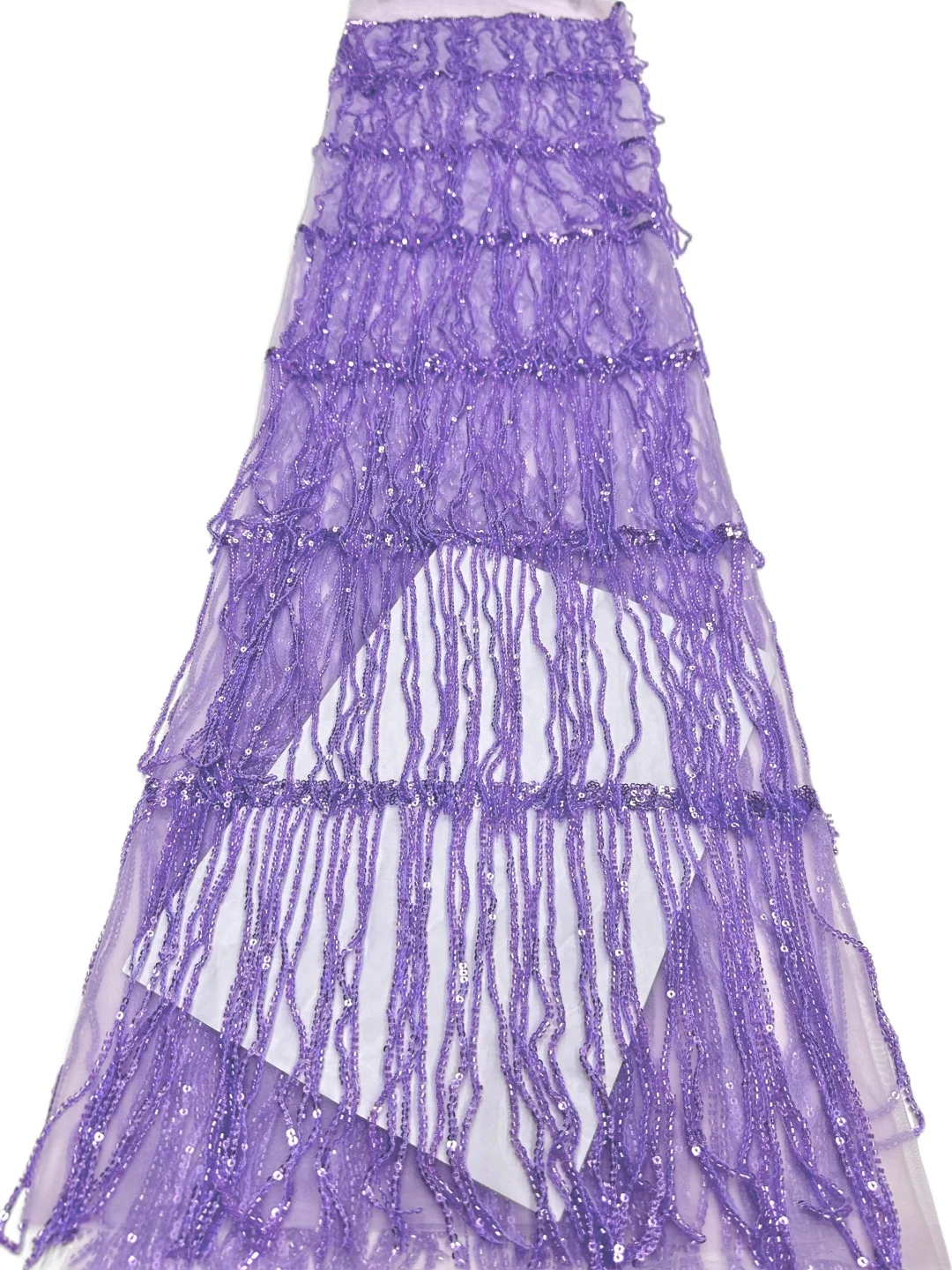 5 Yards Emerald Green Tassel Tube Bead Embroidery Fabric, Luxury Sheer Tulle with Layered Dangling Beaded Fringes for Wedding