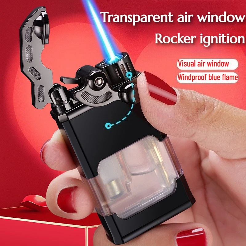 

Metal Rocker Transparent Ventilation Window Luminous Direct Lighter Inflatable Windproof Blue Flame Gift Men's Cigarette Lighter