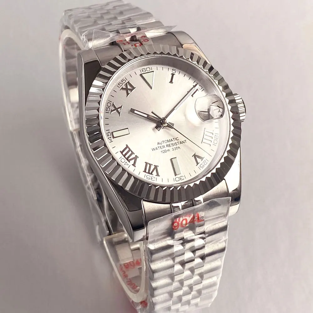 مخصص Tandorio NH35 جديد فهارس الفضة البيضاء الأرقام الرومانية ساعة الطلب الياقوت الزجاج آلات مقاومة للماء الرجال مخدد الساعات