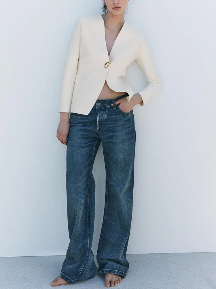 

Spring New Arrival Women's Color Simple Versatile V-Ne Long Sve Knitted Jaet Commute Sle Single Piece Regular ...
