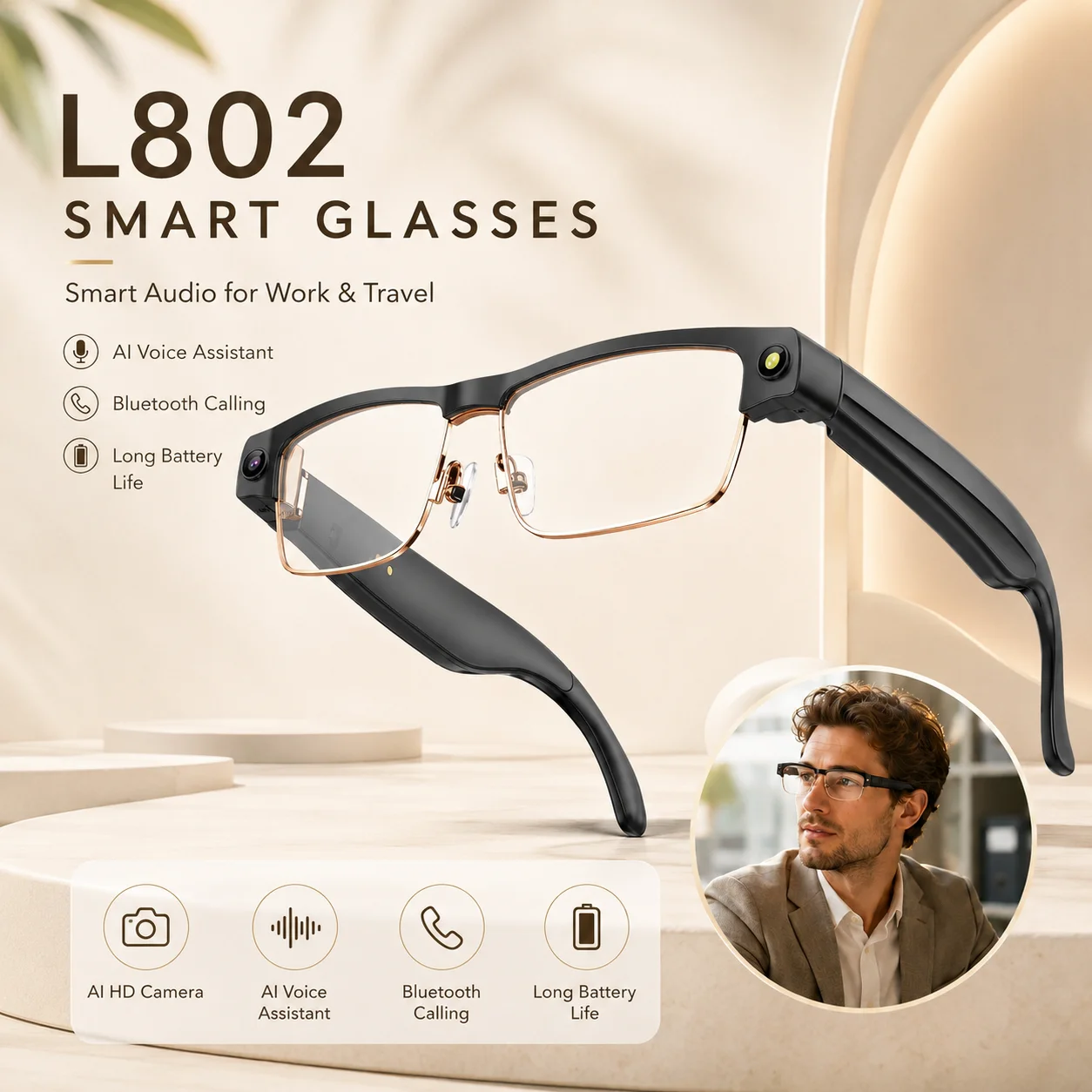L802 AI Object Recognition Smart Glasses Tap Touch Voice Assistant 3200W HD Photo Capture Magnetic Charging Long Endurance Daily