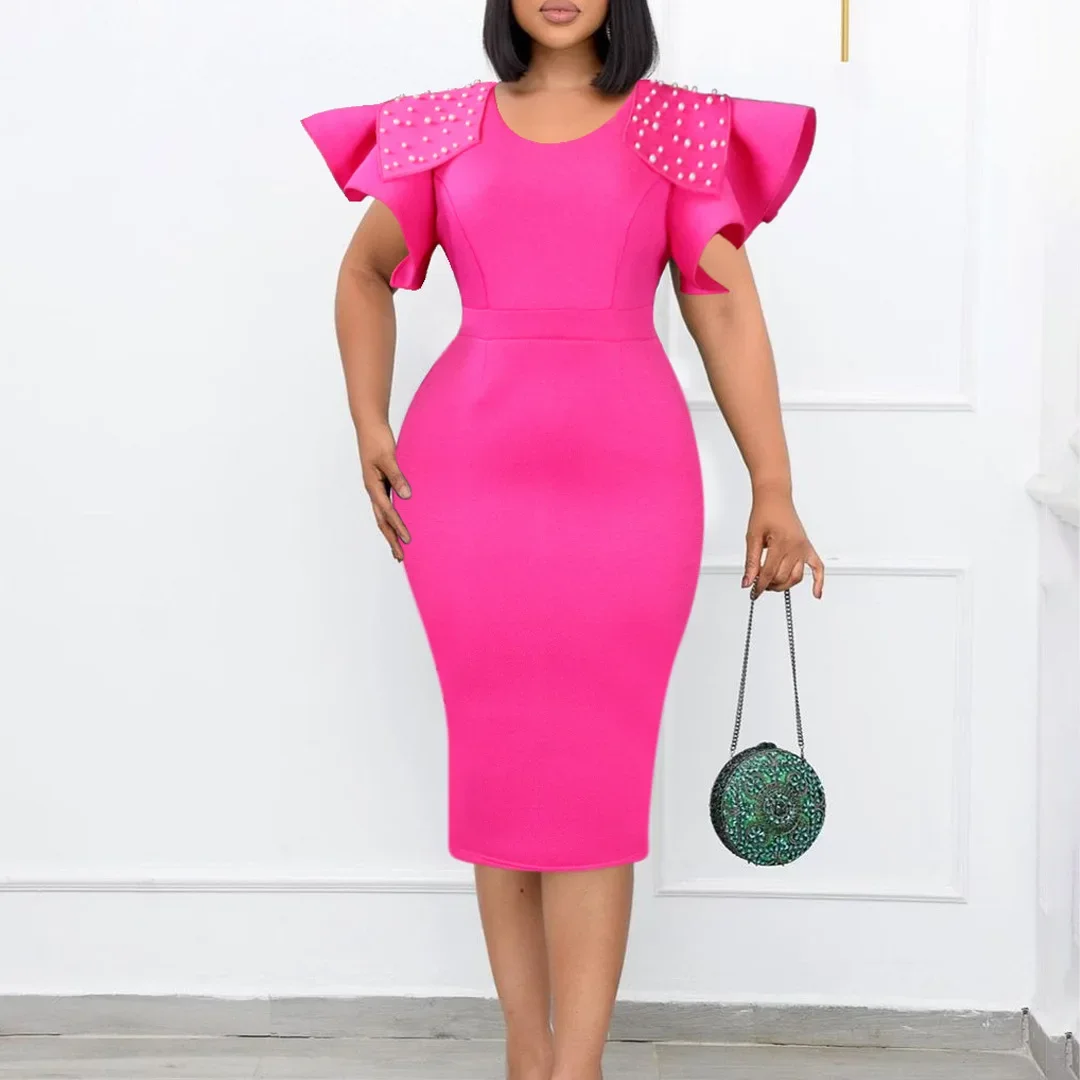 

Spring Summer Africa Women Short Sleeve Sexy O-Neck Slim Dress Office Lady Party Knee-length Dress African Dresses for Women