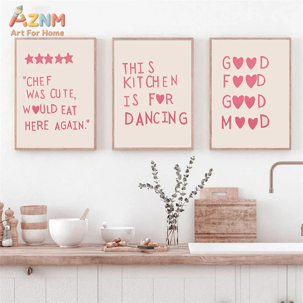 AZNM Funny Kitchen Quote Canvas Wall Art Pink Heart Typography Poster Farmhouse Dining Room Decor Unframed