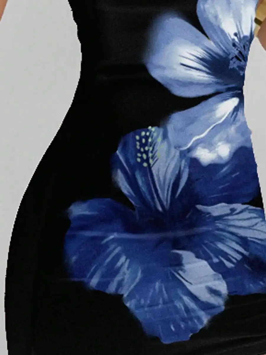 Womens Black Floral Summer 70s Party Strapless Fitted Mini Graphic Dress, Blue Floral & Hawaiian Print Hibiscus Tube Dress For