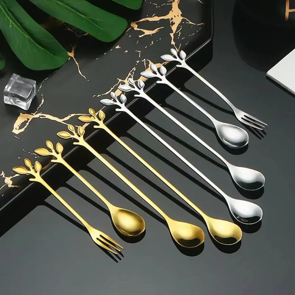 Stainless Steel Water Cup Stirring Spoons Golden Silver Leaf Shape Dessert Spoon Fork Long Handled Dinnerware Coffee Spoon