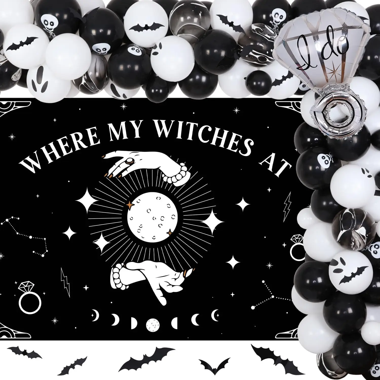 

Fangleland 79Pcs Black White Halloween Where My Witches At Bachelorette Party Banner for Halloween Party Decor Favors