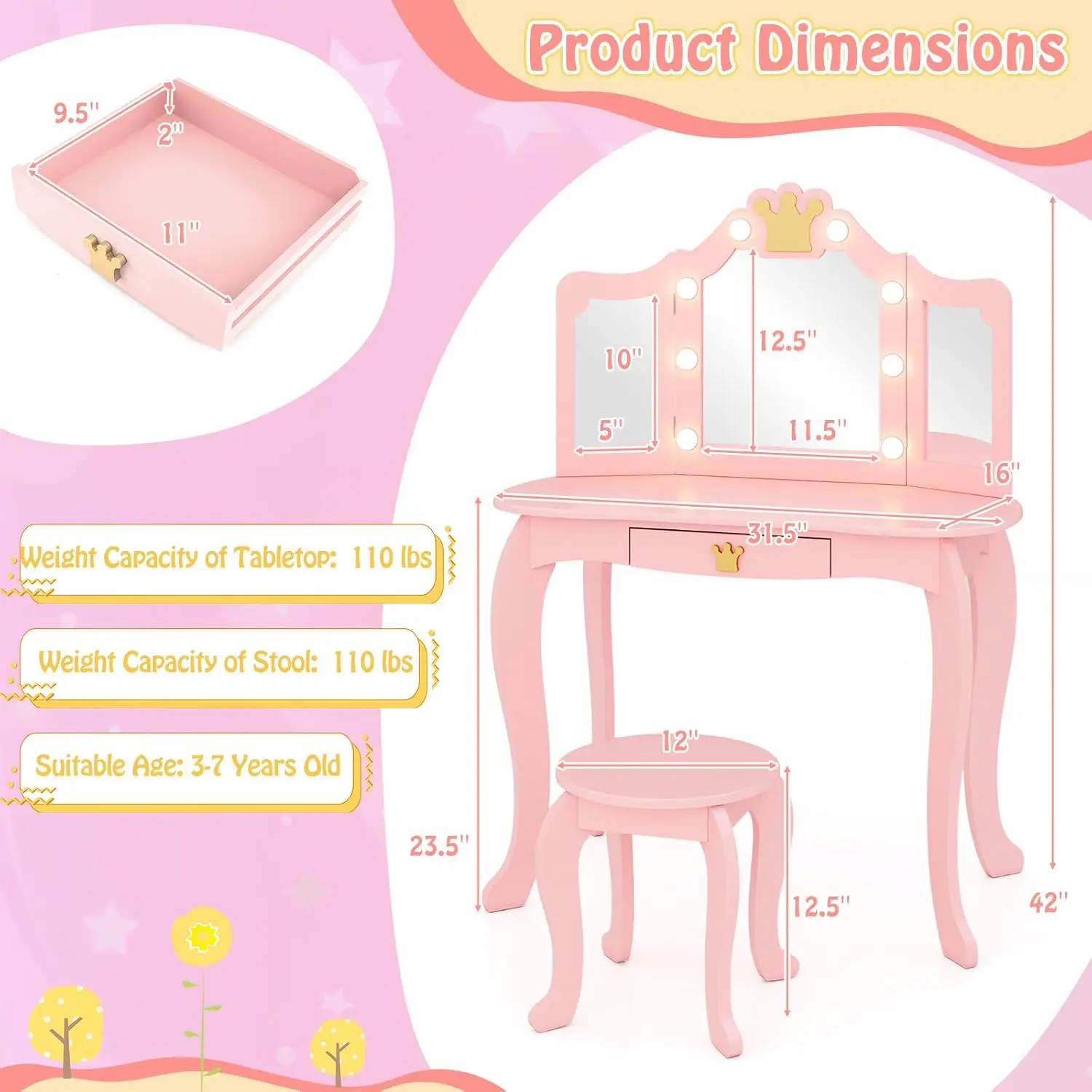 Vanité pour enfants avec lumières, ensemble table de maquillage et tabouret en bois rose pour filles, ensemble table et chaises de jeu de simulation