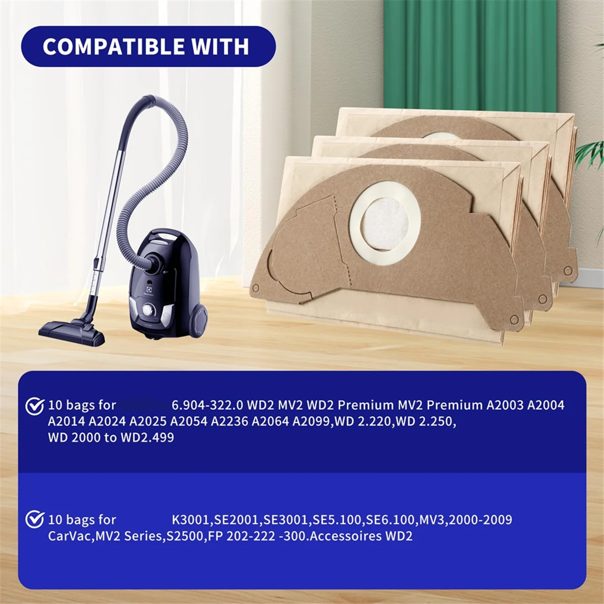 QA88X 20 Pcs Vacuum Cleaner Bags for Karcher WD2, Reusable Bags, for Karcher WD2 MV2 WD 2.200 WD2250 A2004 A2054,6.904-322.0