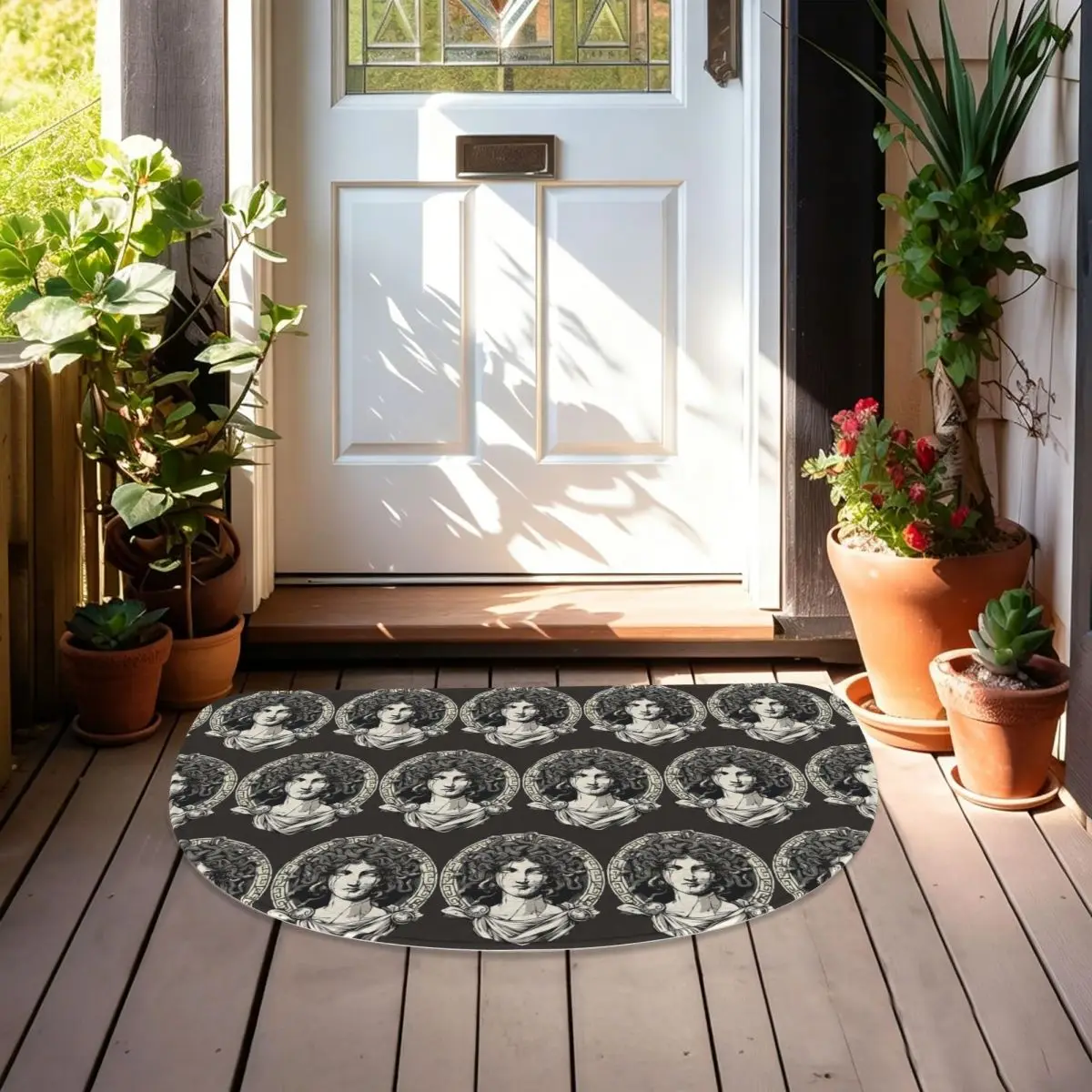 Ancient Greece Medusa Gorgon Flannel Half Round Doormat Non Slip Bathroom Mat Absorbent Floor Carpet for Laundry Room Bathroom