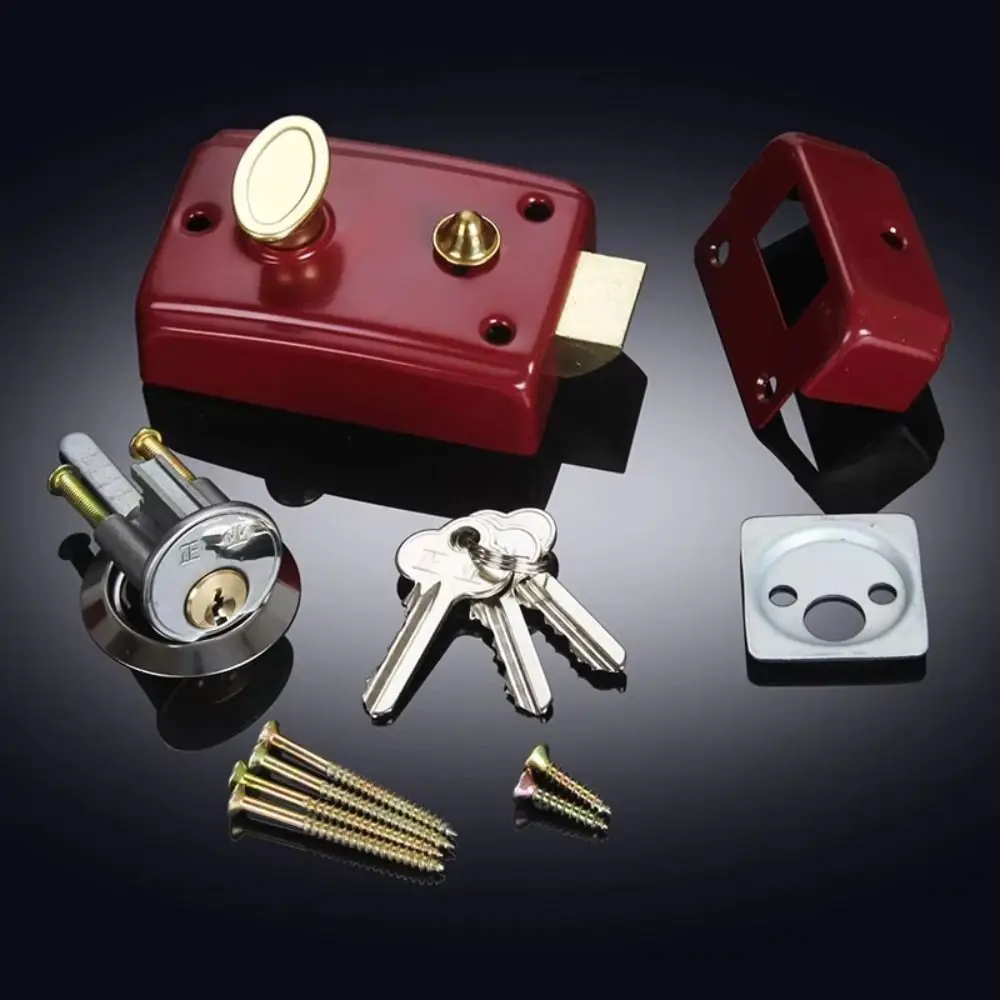 Iron Anti-theft Door Lock Single Cylinder Key Included Security Door Lock Retro Style Durable Retro Red Lock Indoor Use