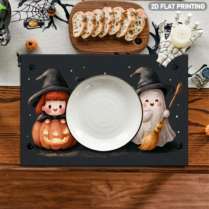 4pcs Halloween Placemat Set, Witch Ghost Pumpkin Bat Print, 2D Mats for Indoor Outdoor Kitchen Holiday Dining Table Decor