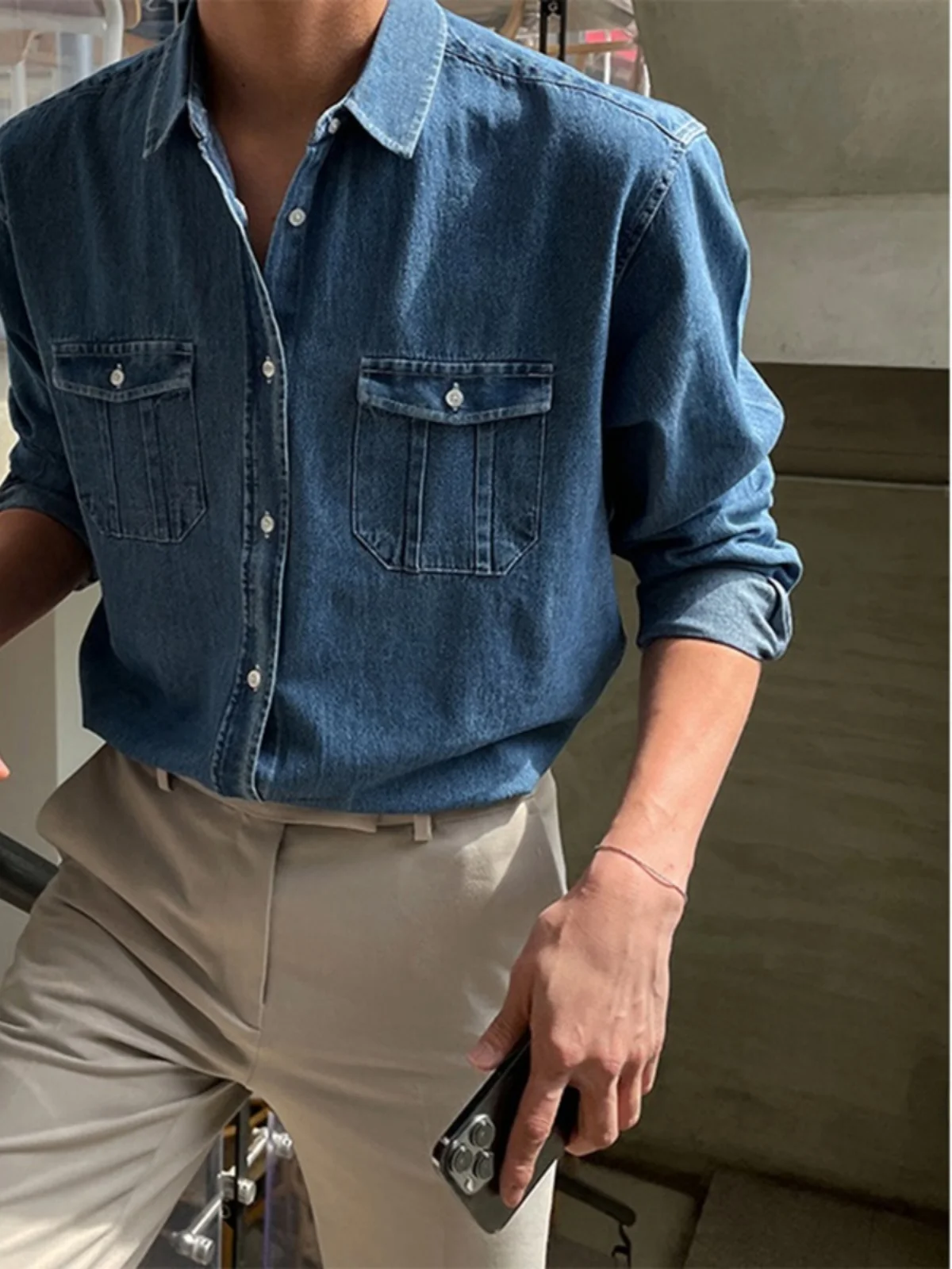 

Men's Denim irt Trendy Brand Hong Kong Sle INS Retro Faion Outerwear Korean Version Casual Haome Simple Long Sve ...