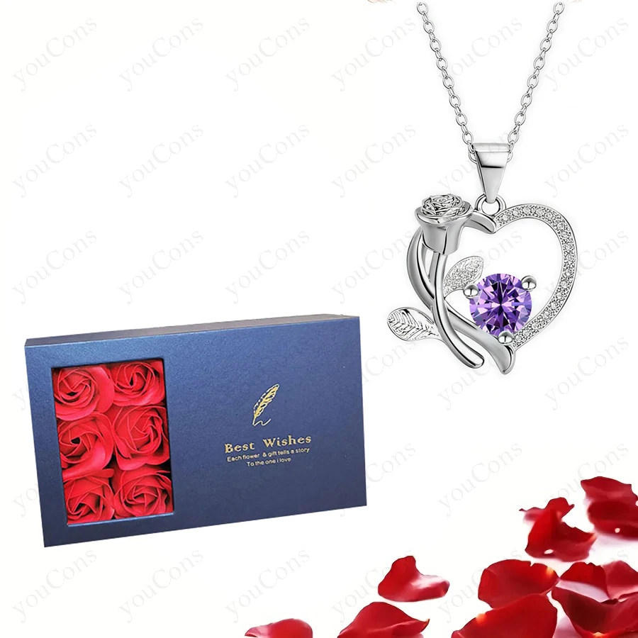 Colares com pingente de coração azul com 6 rosas, caixa de presente para mulheres, amante, mãe, natal 2025, moda romântica, joias de casamento