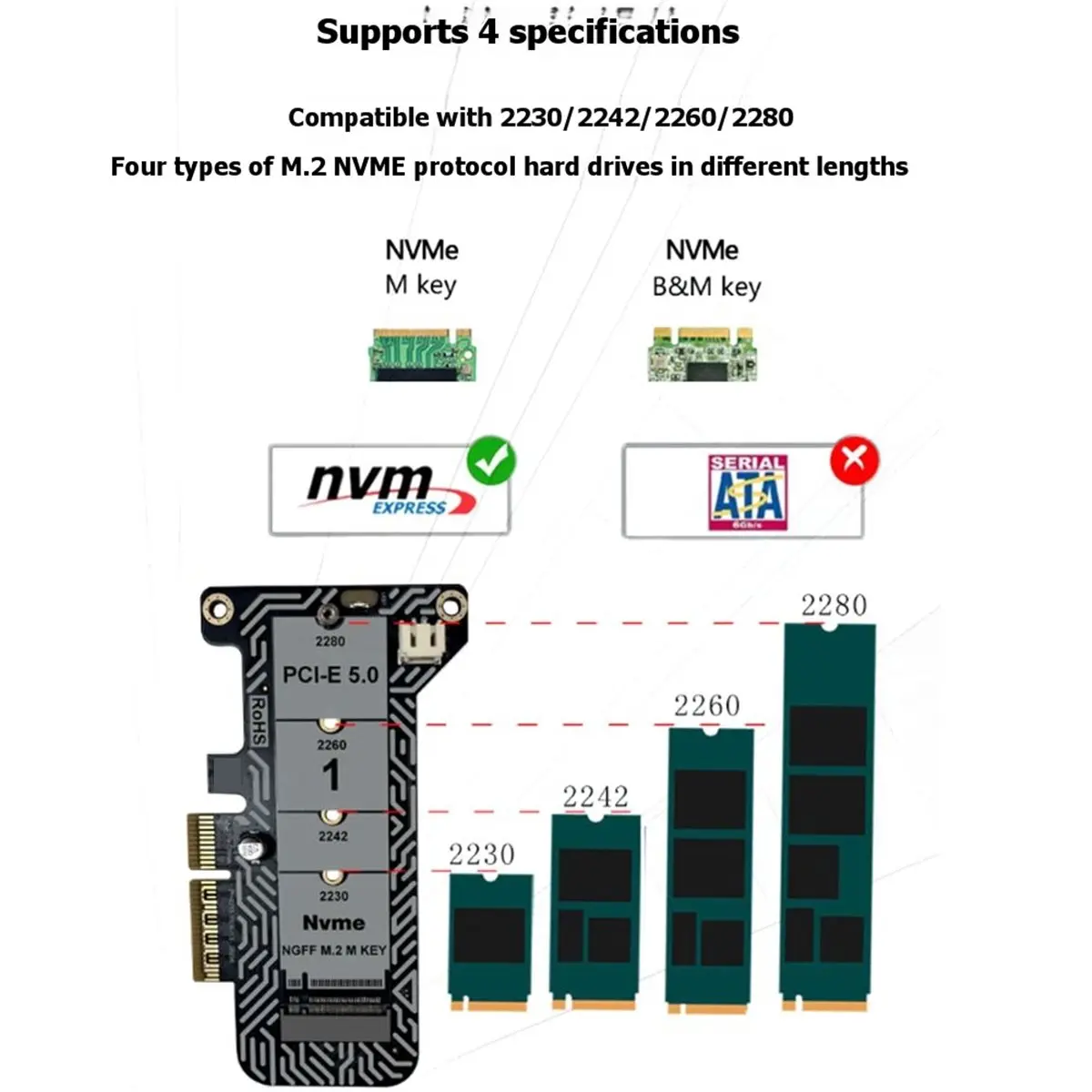 M.2 NVMe SSD to PCIe X4 Adapter Expansion Card PH4215 Half-Height Supports PCIe 5.0 for 2230/2242/2260/2280 SSDs