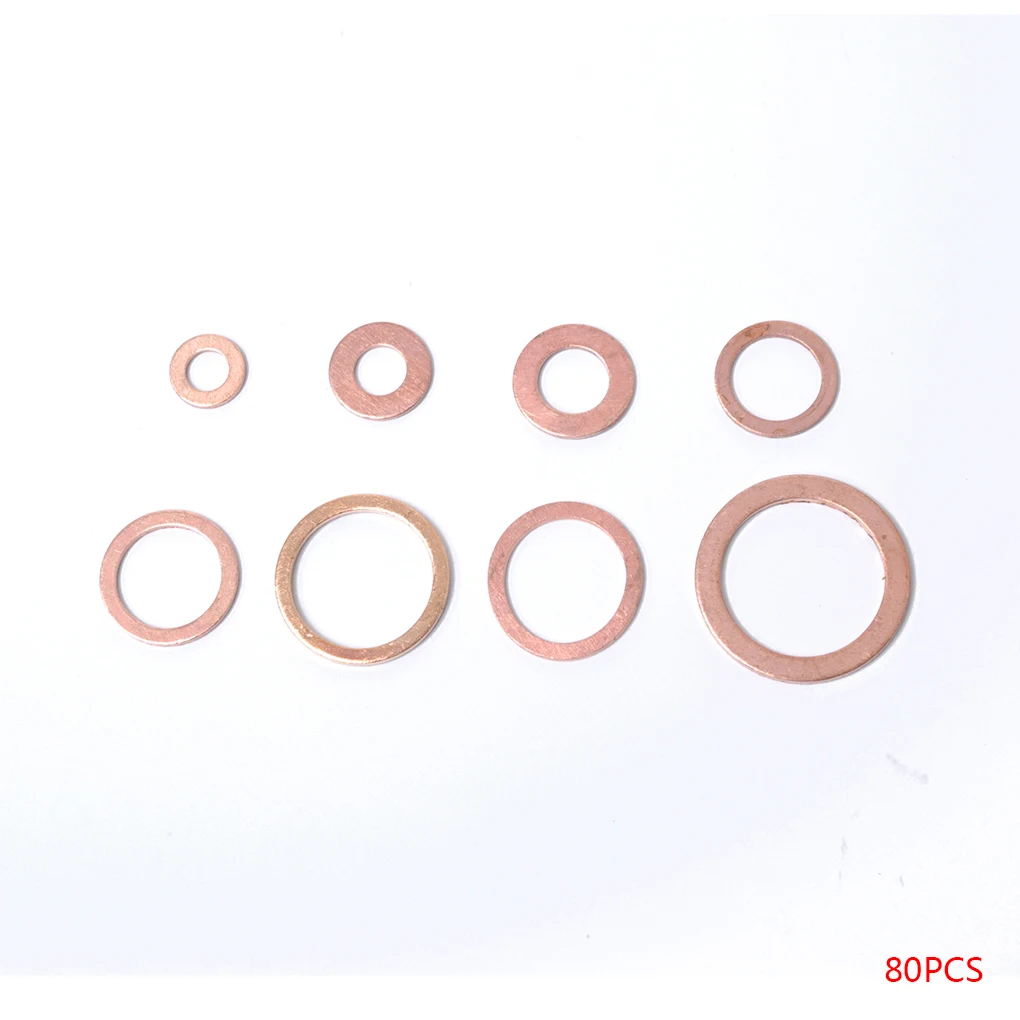 80 Pieces Copper Crush Washers Gasket Nut Bolt Flat Ring 8 Sizes Assorted Fastener Assortment Hardware for Sump Plugs