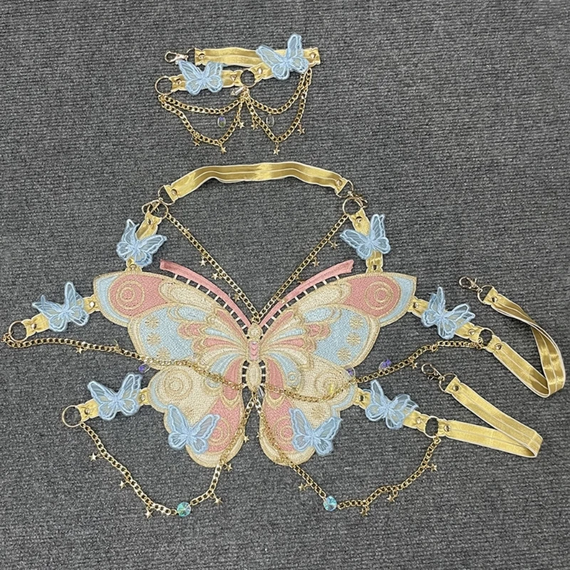 

Women Crystal Metal Chain Halterneck Backless Crop Top Vest Butterfly Embroidery Sleeveless Camisole Beach Festivals Bra