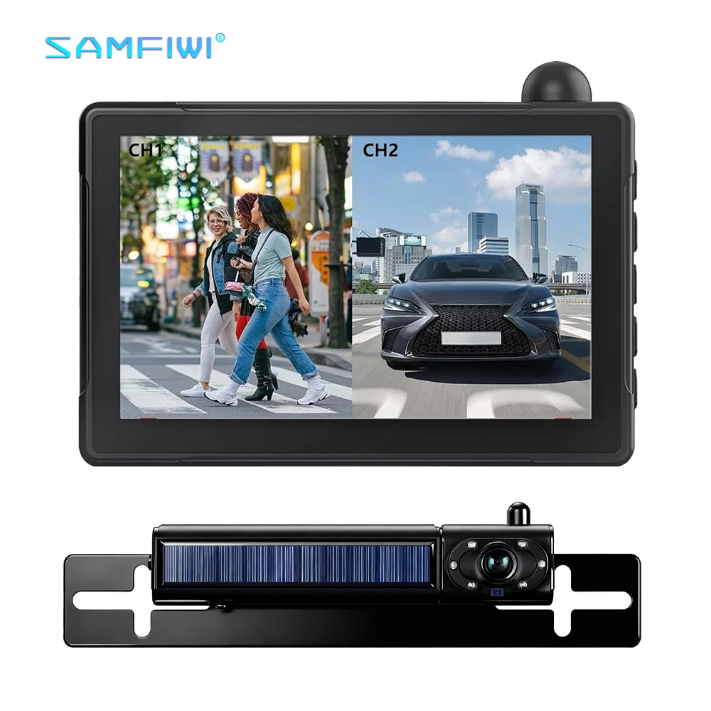 Solar Wireless Backup Camera 5'' HD Split-Screen Monitor Dual Channel Stable Signal Waterproof Rear Camera for Car RV Van SUV